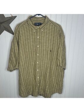Ralph Lauren Men's Tan Plaid Linen Button-Down Shirt